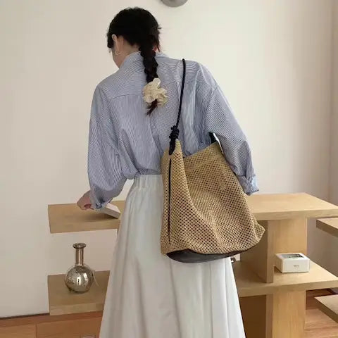 Faux Leather Strap Straw Tote - Black