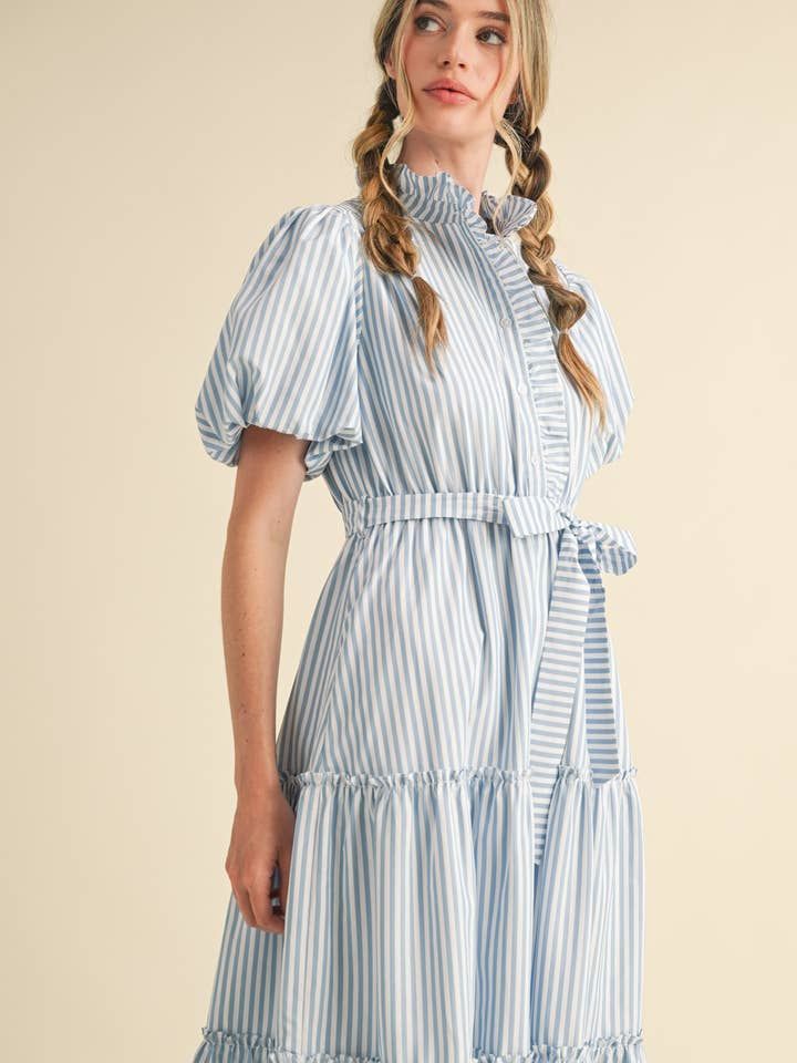 Striped Ruffled Midi Dress - Sky Blue