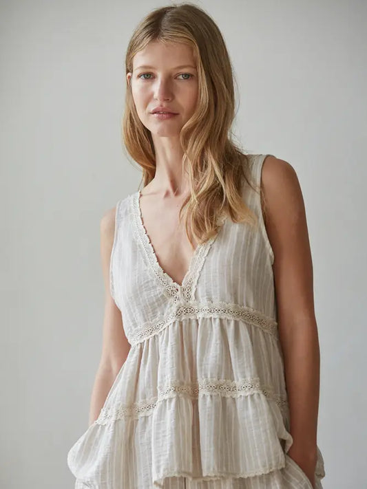 Plunged V-Neck Sleeveless Top - Natural