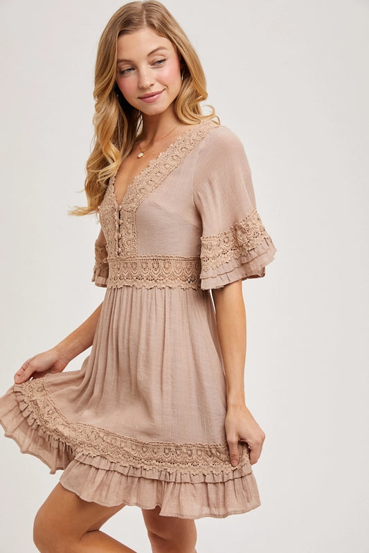 V-Neck Lace Open Back Dress - Latte