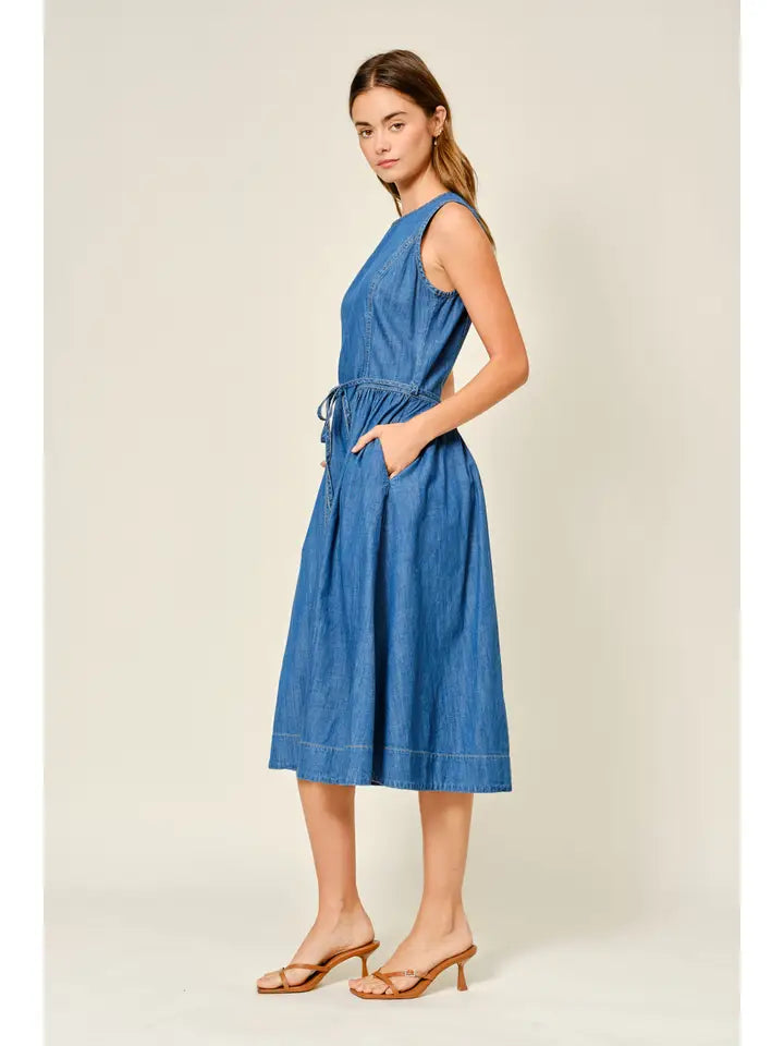 Belted Paneled Midi Dress - Denim