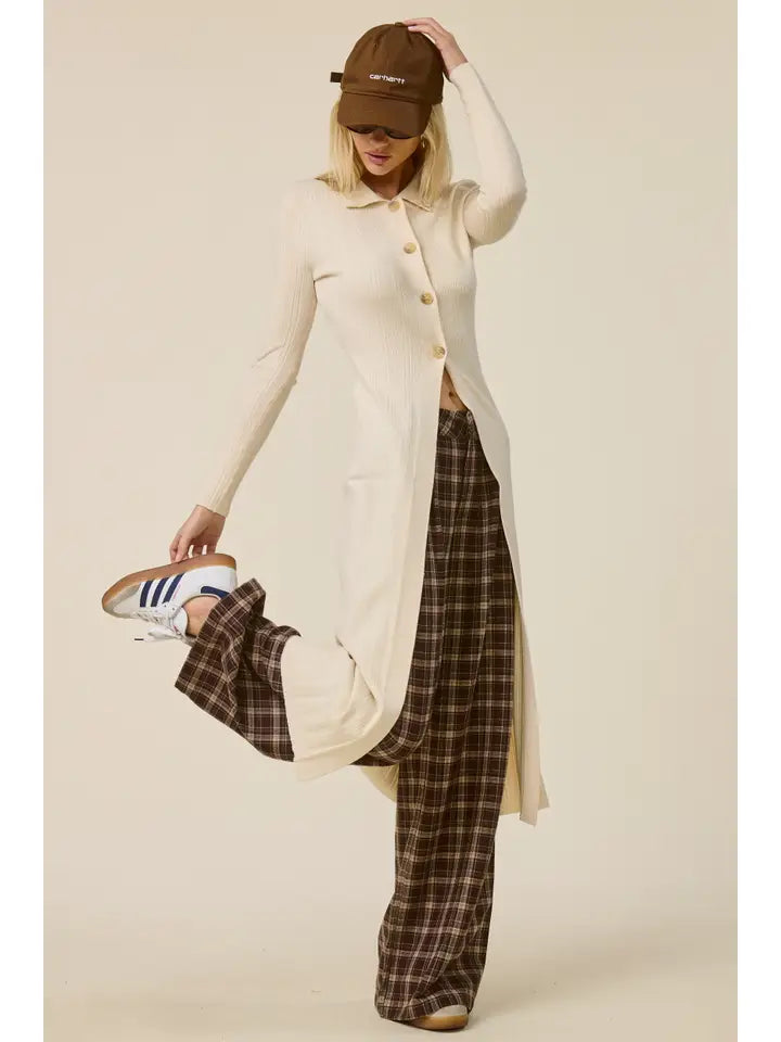 Collared Ribbed Knit Duster Cardigan - Ecru