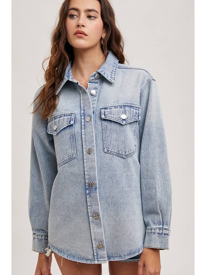 Washed Denim Shirt Jacket - Light Wash