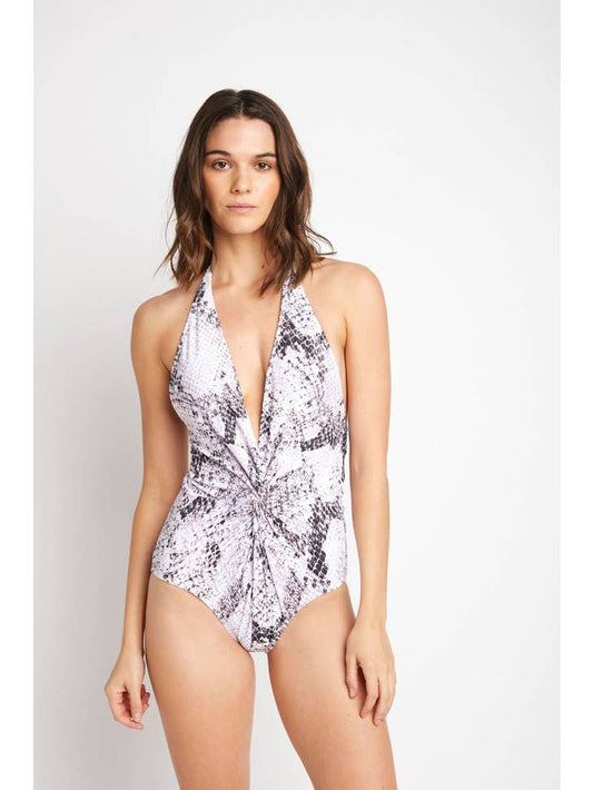 Twist Halter Swimsuit - White Lilac Snake