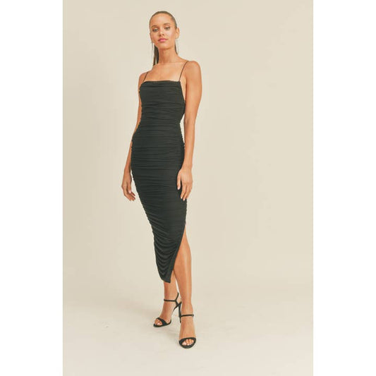 Ruched Midi Dress - Black