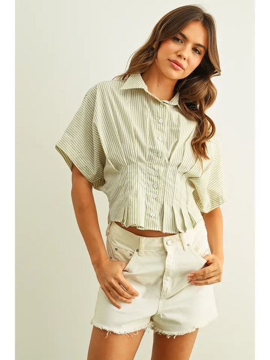 Pleated Waist Button Down - Sage