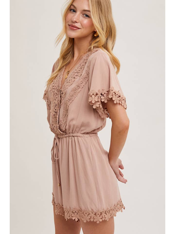 Floral Lace Romper - Almond