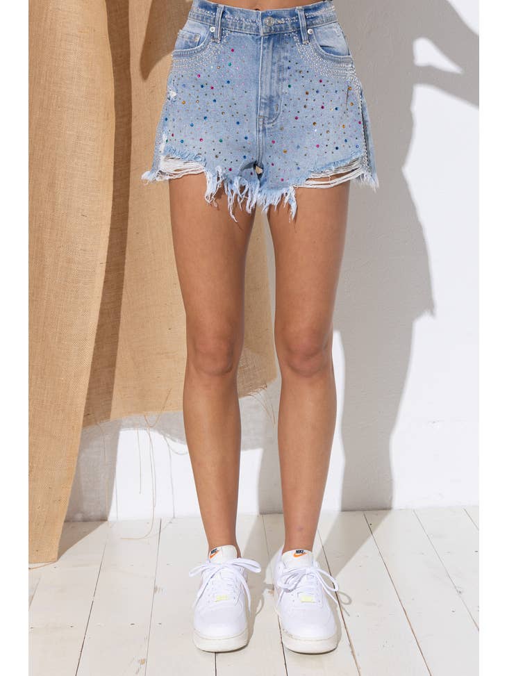 Crystal Stud Frayed Denim Short