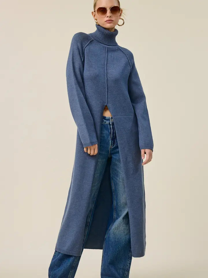 Ribbed Turtleneck Sweater Slit Dress - Jean