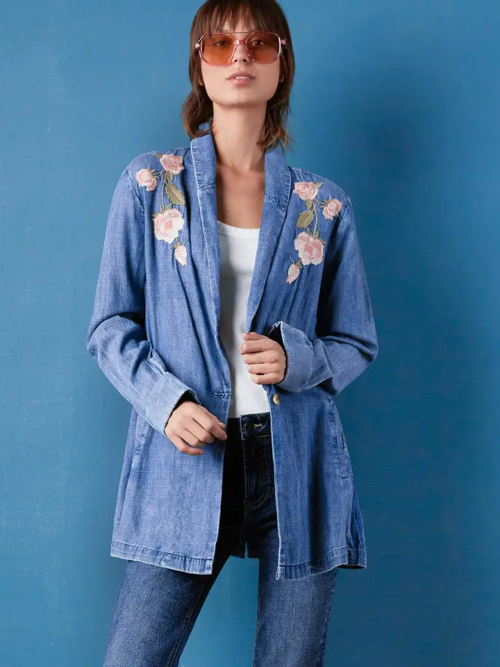 Embroidered Denim Blazer - Rose