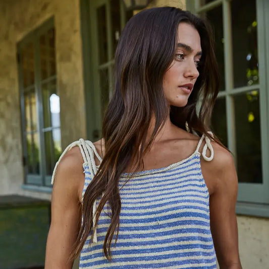 Striped Spaghetti Tie Strap Top - Blue Natural