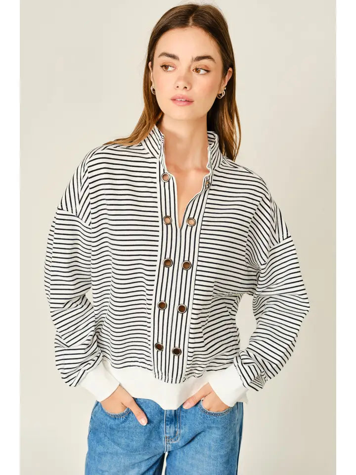 Pullover Striped Eyelet Detail Sweatshirt - Off White/Black