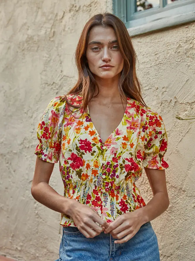 Floral Puff Sleeve Top - Yellow Multi