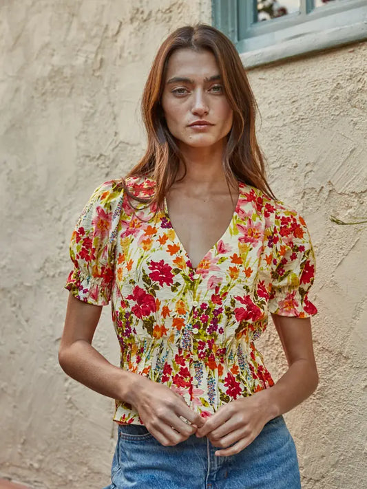 Floral Puff Sleeve Top - Yellow Multi
