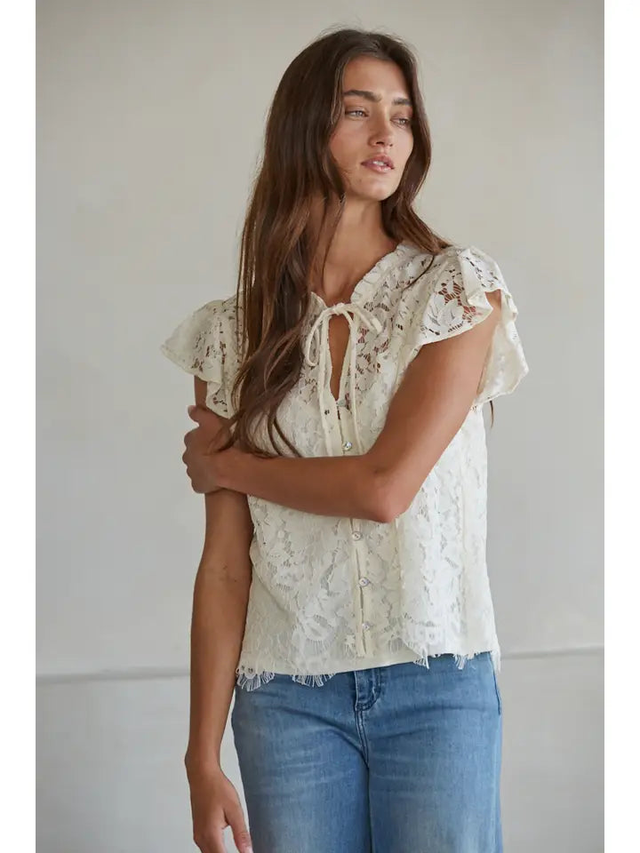 Lace Flutter Sleeve Top - Cream