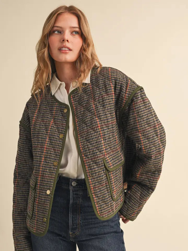 Houndstooth Jacket with Contrast Binding - Brown Multi Plaid