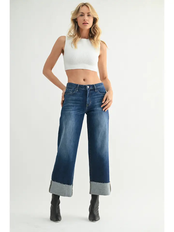Scissor Cut Cuffed Wide Leg - Dark Denim