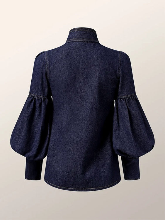 Puff Sleeve Denim Shirt - Blue