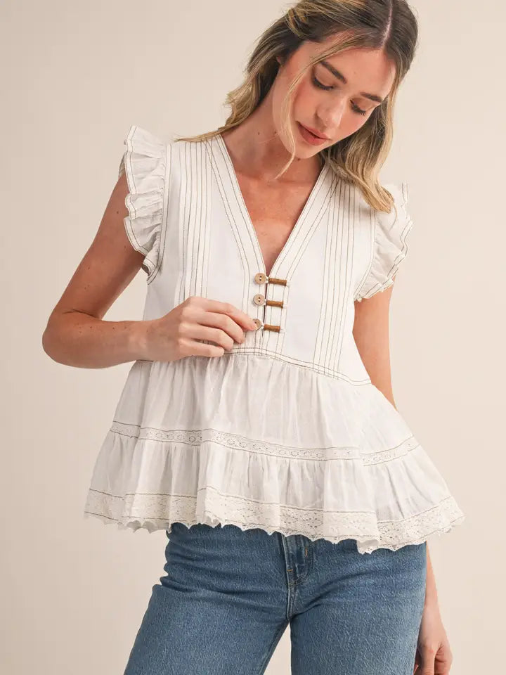Mixed Media Contrast Stitch Top - White