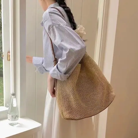 Faux Leather Strap Straw Tote - Brown