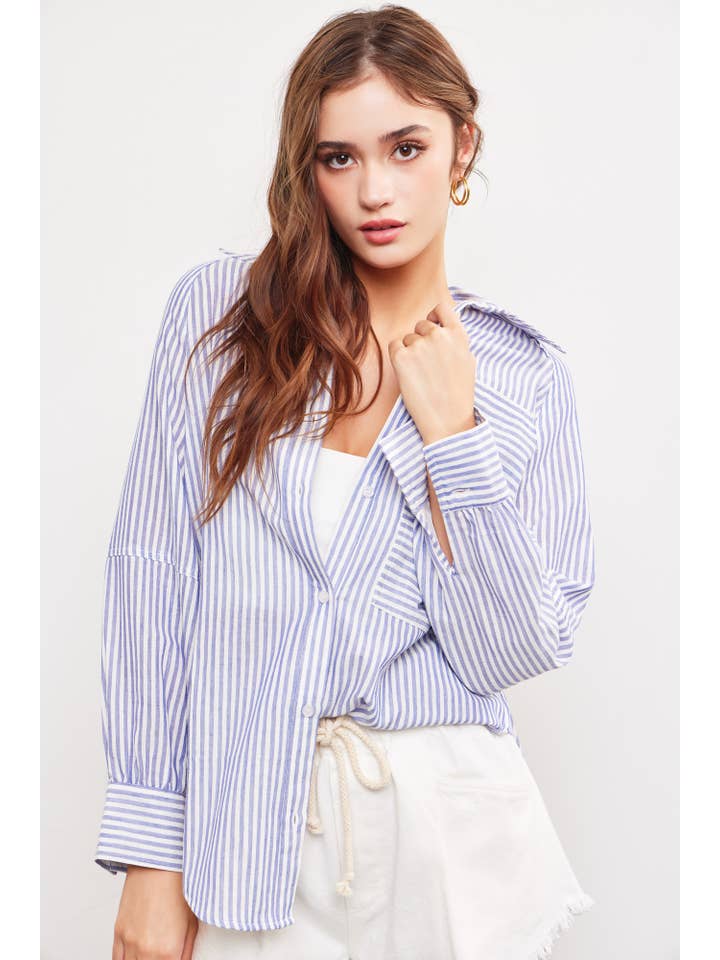 Striped Button Down Shift - Denim Blue