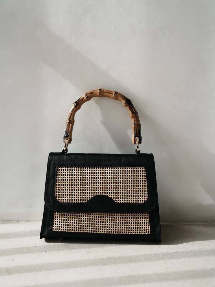 Gracie Leather and Rattan Clutch - Black