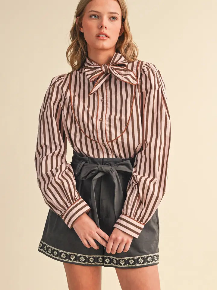 Striped Tie Neck Button Down - Pink Brown