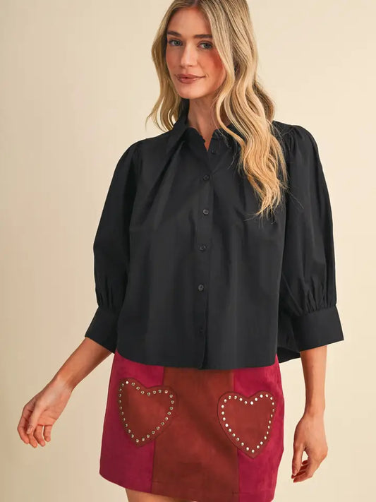 Puff Sleeve Button Down Top - Black