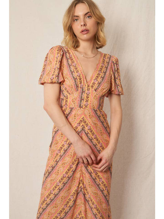 V-Neck Midi Dress - Pink Multi
