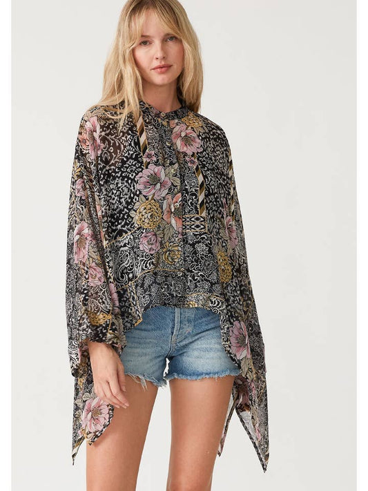 Asymmetrical Floral Blouse - Black/Dusty Peach