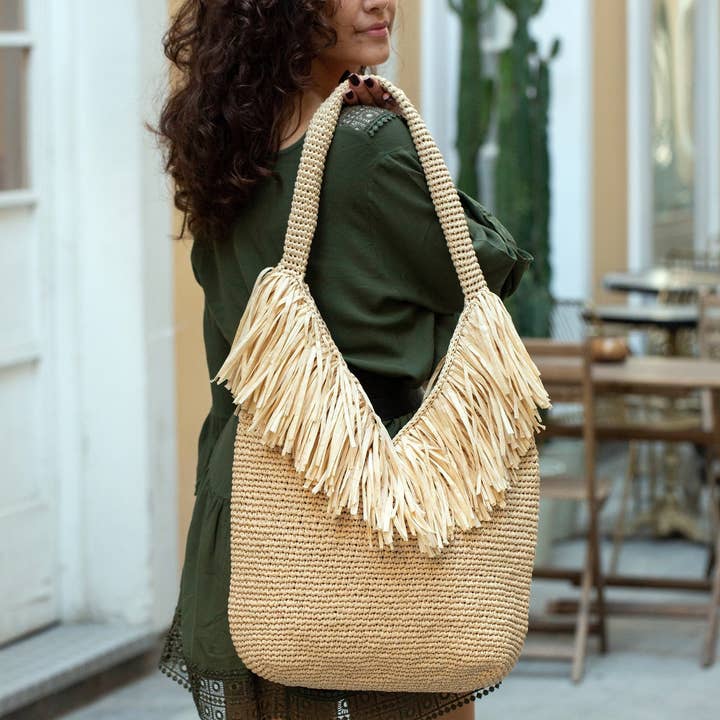 Raffia Fringe Bag - Beige