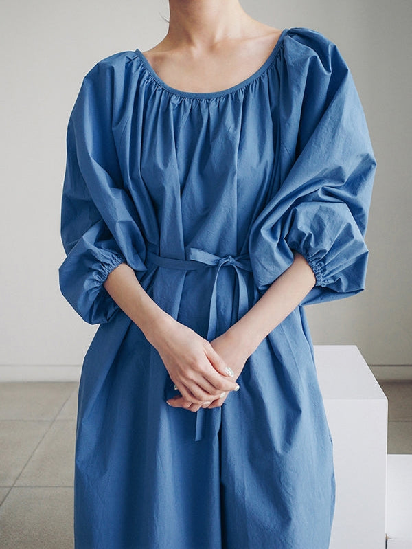 Pleated Puff Midi Dress - Blue