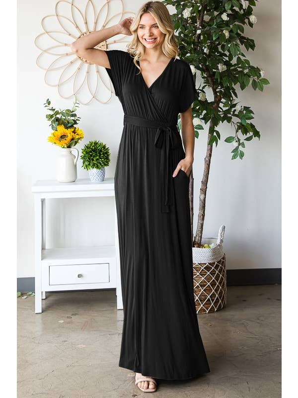 Maxi Wrap Dress with Self Tie - Black