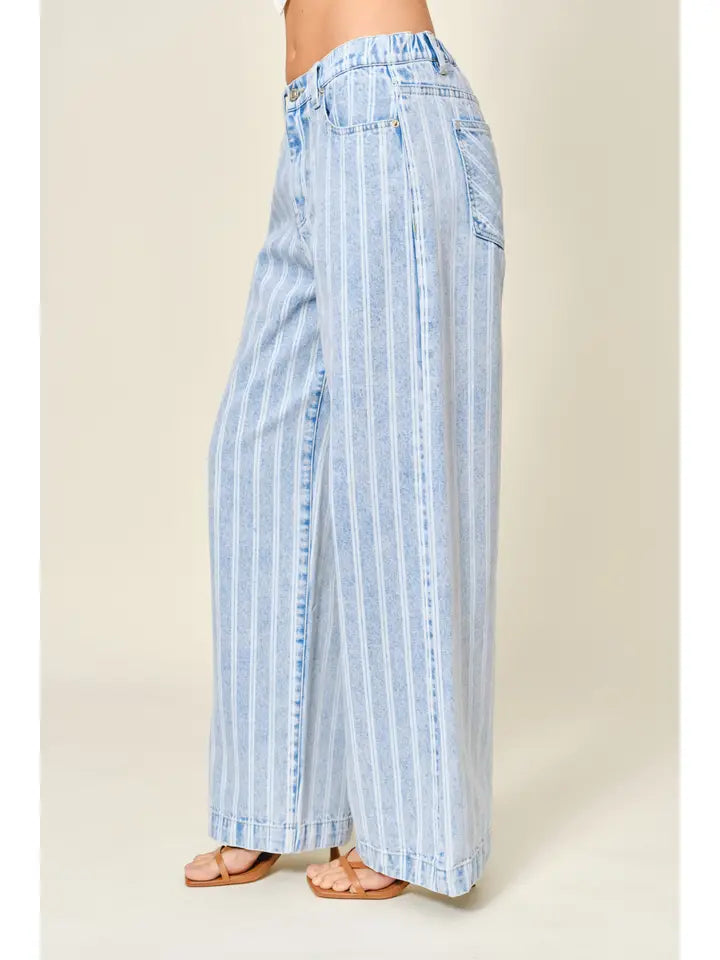 Striped Straight Pants - Light Denim