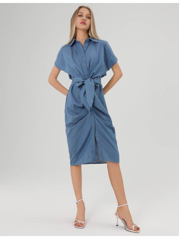 Waist Tie Midi Dress - Blue