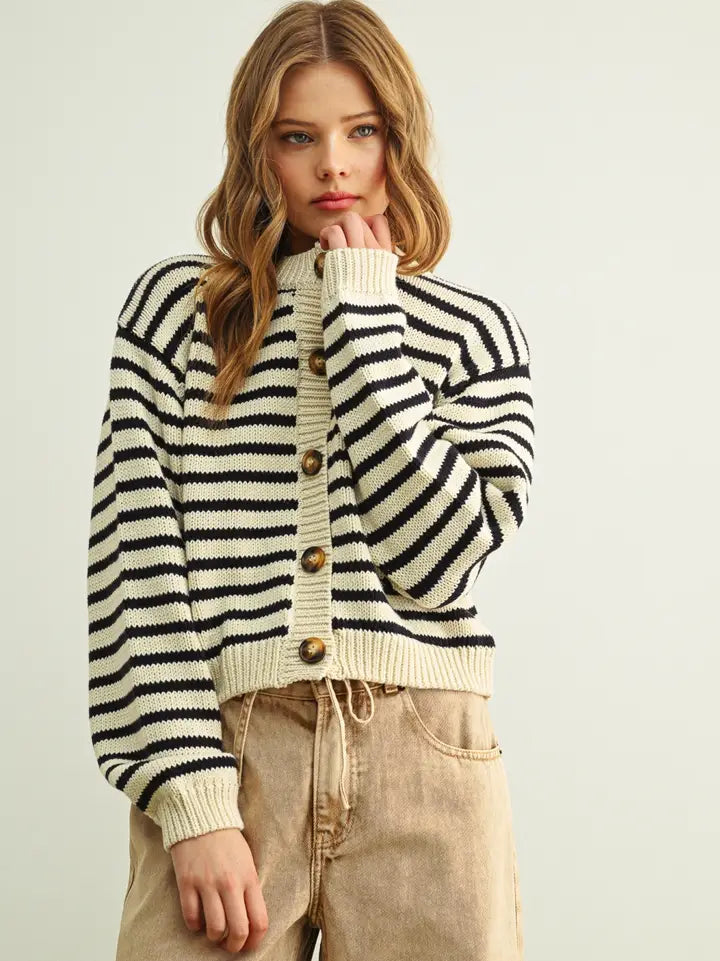 Striped Knitted Cardigan - Black/White