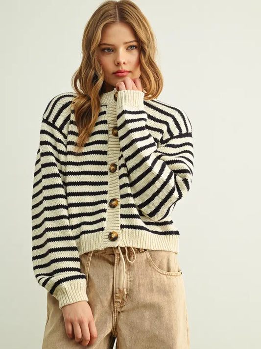 Striped Knitted Cardigan - Black/White