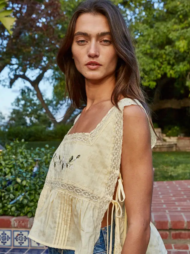 Floral Embroidery Square Neck Top - Light Yellow