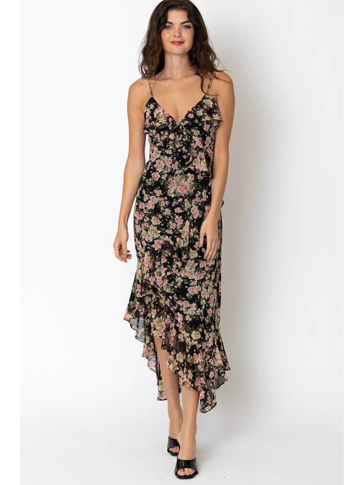 Ruffle Floral Midi Dress - Black Multi