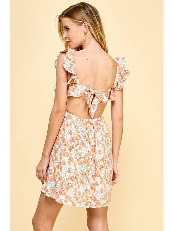 Cut Out Mini Dress - Orange Floral