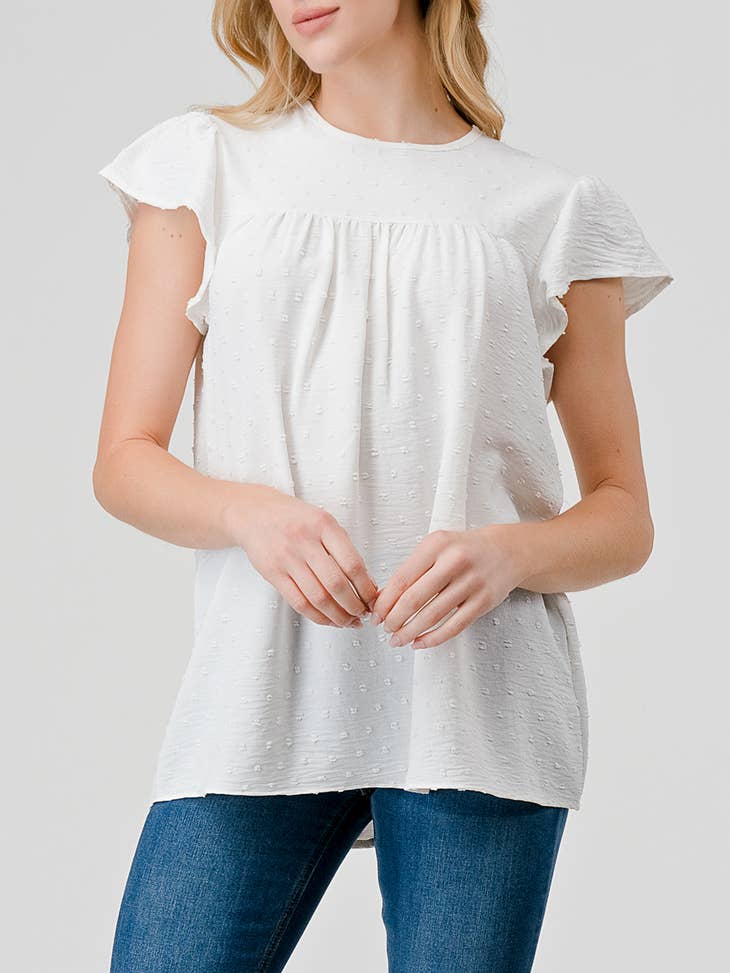 Swiss Dot Flutter Sleeve Blouse - White