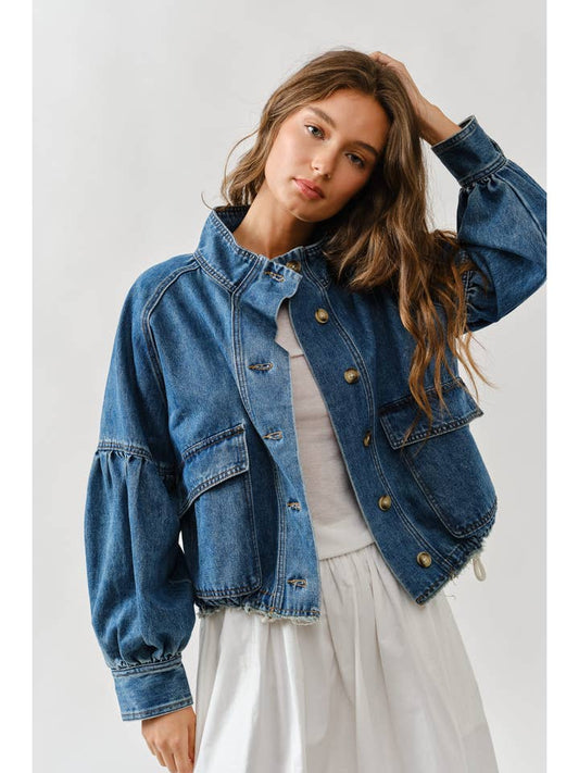 Balloon Sleeve Twill Jacket - Denim