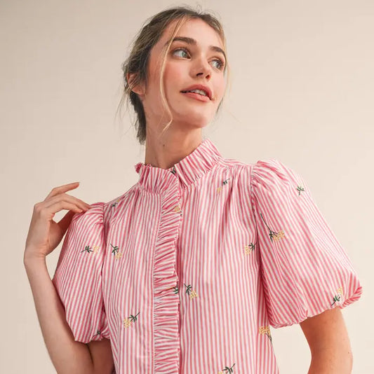 Embroidered Striped Ruffle Button Down - Pink Berry