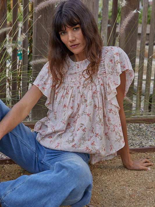 Woven Floral Short Sleeve Top - Ivory Multi