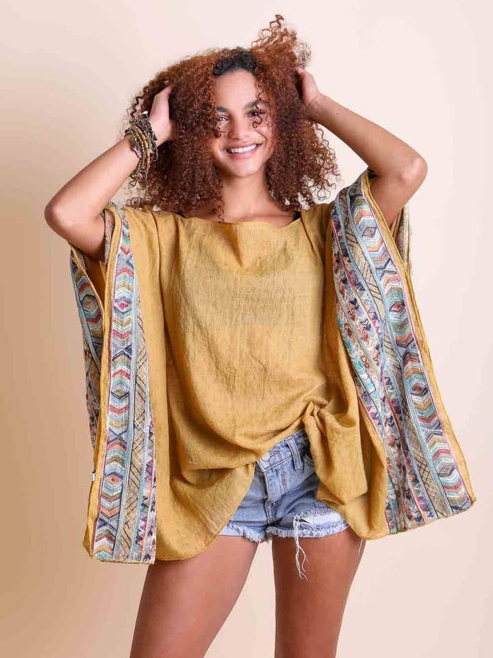 Geometric Embroidered Sleeve Kimono - Mustard