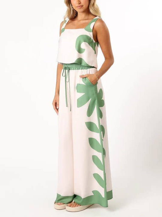 Crop Top and Wide Leg Pant Set - Green