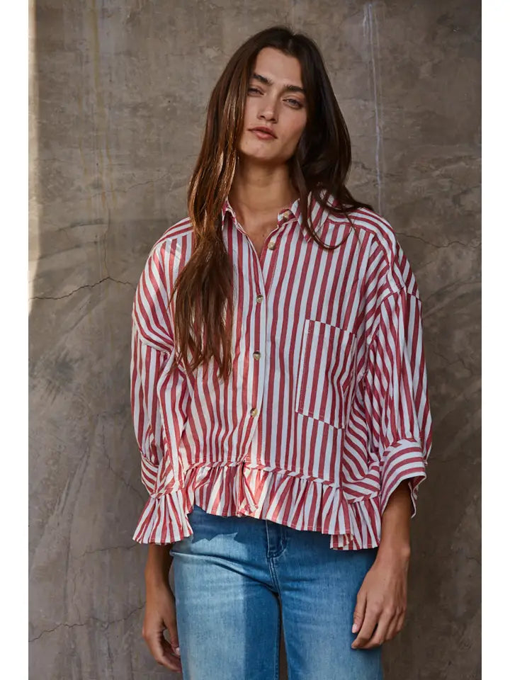 Ruffle Hem Button Down - Ivory/Red