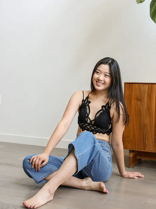 Crochet Lace Longline Bralette - Black
