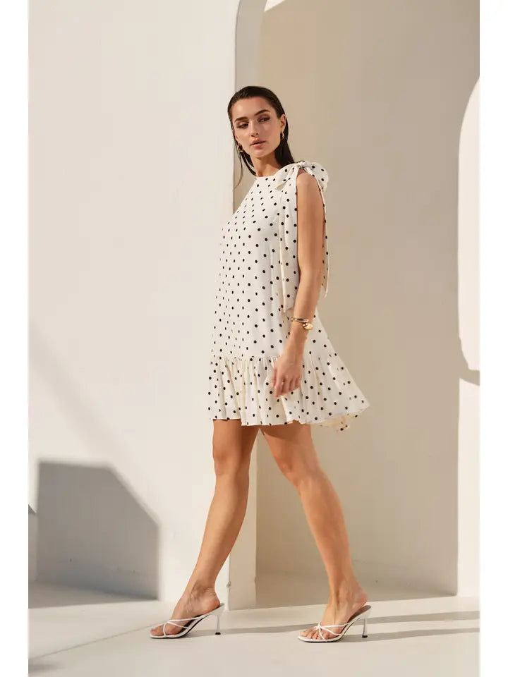 Polka Dot Ruffle Mini Dress - Cream/Black