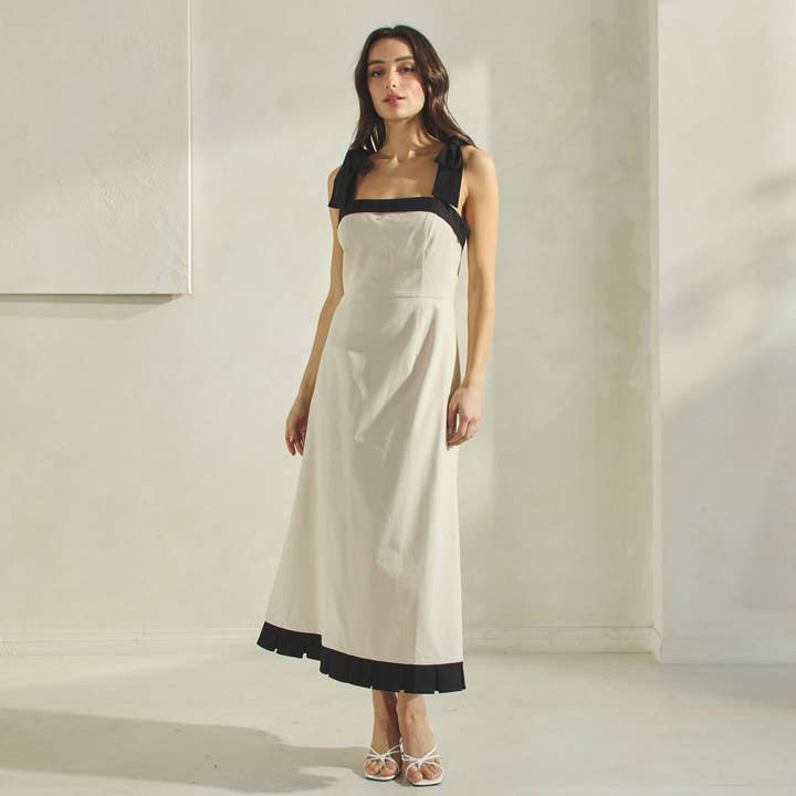 Contrast Pleated Midi Dress - Natural/Black